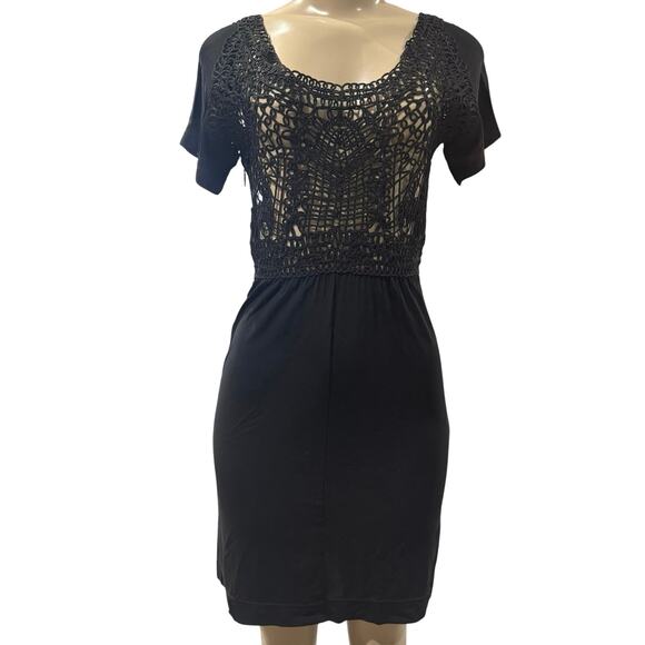 FENDI Abito Jersey Crepe Macrame Nero Dress Black Crochet Preppy Boho sz 38/US2 - Picture 1 of 13
